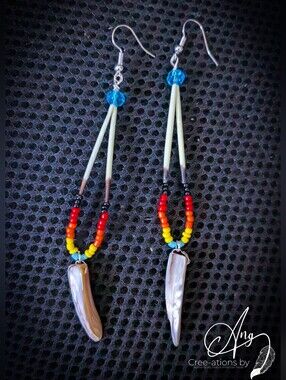 Native American Fire Color Quill Earrings With Shell Spikes
